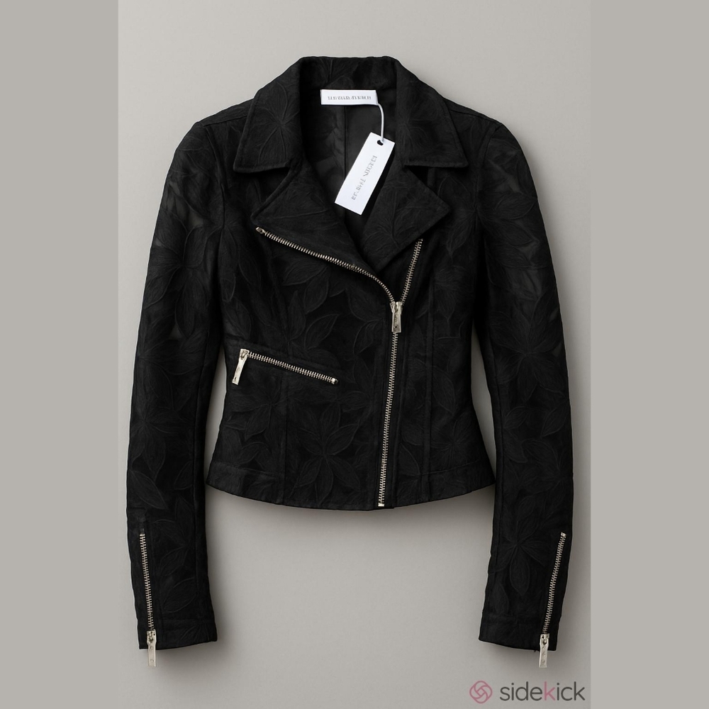 NWT Anne‎ Fontaine Black Floral Zipper Moto Jacket Sz Small